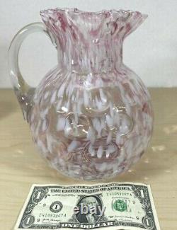 Antique Northwood Coin Dot Inverted Pink & White Ball Jug Pitcher & 6 Tumblers