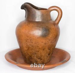 Antique Old Clay Water Pitcher Jug 32cm Pottery Handmade Large Heavy With Dish