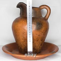 Antique Old Clay Water Pitcher Jug 32cm Pottery Handmade Large Heavy With Dish