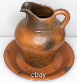 Antique Old Clay Water Pitcher Jug 32cm Pottery Handmade Large Heavy With Dish