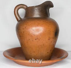 Antique Old Clay Water Pitcher Jug 32cm Pottery Handmade Large Heavy With Dish