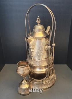 Antique Ornate Homan Silverplate Double wall Water Pitcher with Stand & Cup HEAVY