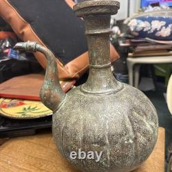 Antique Ottoman Mughal Handmade Engraved Chased Copper Water Pitcher Jug