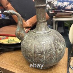 Antique Ottoman Mughal Handmade Engraved Chased Copper Water Pitcher Jug