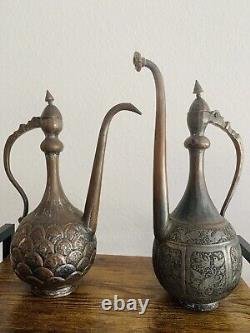 Antique Persian Middle Eastern Water Tea Jug Pitchers Metal Tin Copper Engraved