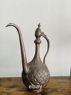 Antique Persian Middle Eastern Water Tea Jug Pitchers Metal Tin Copper Engraved