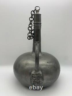 Antique Pewter Wine Water Jug Bacchus Design Handle Chained Lid Decanter