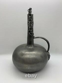 Antique Pewter Wine Water Jug Bacchus Design Handle Chained Lid Decanter