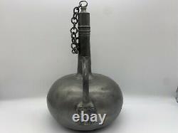 Antique Pewter Wine Water Jug Bacchus Design Handle Chained Lid Decanter