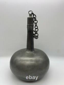 Antique Pewter Wine Water Jug Bacchus Design Handle Chained Lid Decanter