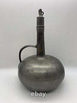 Antique Pewter Wine Water Jug Bacchus Design Handle Chained Lid Decanter