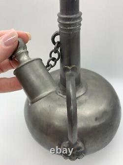 Antique Pewter Wine Water Jug Bacchus Design Handle Chained Lid Decanter