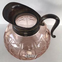 Antique Pink Wheel Cut Crystal Ball Pitcher Water Jug Metal Spout & Handle