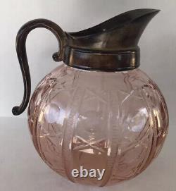 Antique Pink Wheel Cut Crystal Ball Pitcher Water Jug Metal Spout & Handle