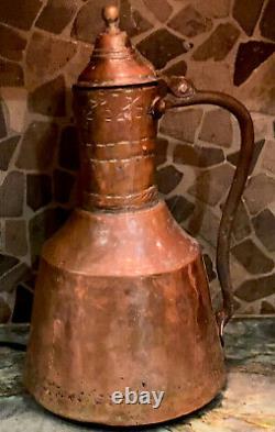 Antique Primitive Pitcher Water Jug Brass & Hammered Copper-VERY OLD 14.5 Tall