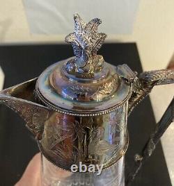 Antique Silver plated and Etched Crystal Water Wine Claret Jug Ewer, Ornate