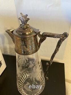 Antique Silver plated and Etched Crystal Water Wine Claret Jug Ewer, Ornate