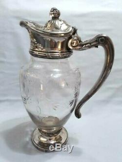 Antique Silverplate Christofle Gallia Hallmarks Crystal Water Jar Pitcher Jug