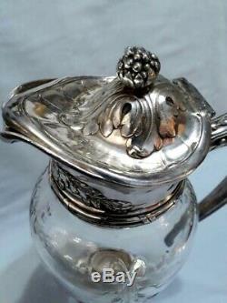 Antique Silverplate Christofle Gallia Hallmarks Crystal Water Jar Pitcher Jug