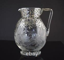 Antique Sterling Silver Overlay Cut Engraved Glass Water Pitcher Flowers