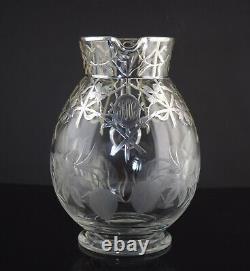 Antique Sterling Silver Overlay Cut Engraved Glass Water Pitcher Flowers
