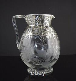 Antique Sterling Silver Overlay Cut Engraved Glass Water Pitcher Flowers