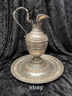Antique Sterling Silver Water Pitcher Jug & Stand Repousse Hand-Chaised 1077g