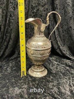 Antique Sterling Silver Water Pitcher Jug & Stand Repousse Hand-Chaised 1077g