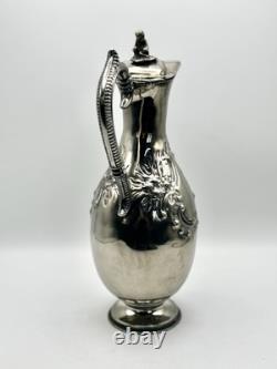 Antique Style Silverplate Lidded Ewer Water Wine Jug Figural Finial Circa 14