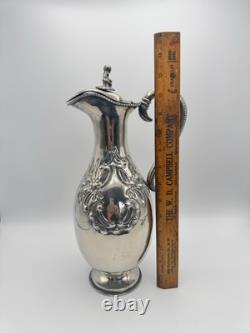 Antique Style Silverplate Lidded Ewer Water Wine Jug Figural Finial Circa 14