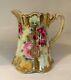 Antique Unmarked Nippon Water Pitcher Heavy Beaded Gilt & H. P. Pink Roses