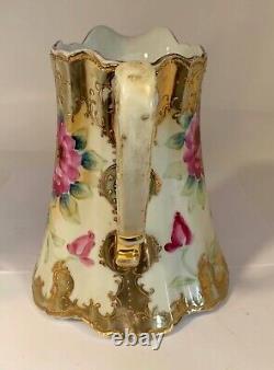 Antique Unmarked Nippon Water Pitcher Heavy Beaded Gilt & H. P. Pink Roses