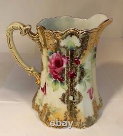 Antique Unmarked Nippon Water Pitcher Heavy Beaded Gilt & H. P. Pink Roses