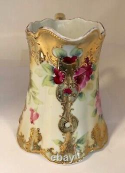 Antique Unmarked Nippon Water Pitcher Heavy Beaded Gilt & H. P. Pink Roses