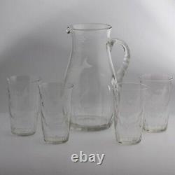 Antique Victorian Czech flowers and fish crystal glass pitcher jug water glasses