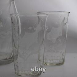 Antique Victorian Czech flowers and fish crystal glass pitcher jug water glasses