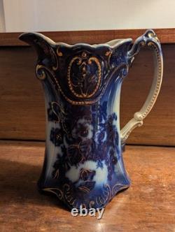 Antique Vtg BROWN & STEVENTON BURSLEM ENGLAND Flow Blue 9 Pitcher Jug PANSY