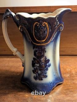 Antique Vtg BROWN & STEVENTON BURSLEM ENGLAND Flow Blue 9 Pitcher Jug PANSY