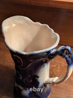 Antique Vtg BROWN & STEVENTON BURSLEM ENGLAND Flow Blue 9 Pitcher Jug PANSY