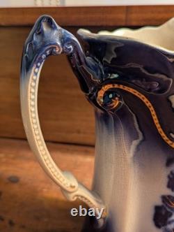 Antique Vtg BROWN & STEVENTON BURSLEM ENGLAND Flow Blue 9 Pitcher Jug PANSY