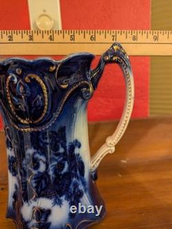 Antique Vtg BROWN & STEVENTON BURSLEM ENGLAND Flow Blue 9 Pitcher Jug PANSY