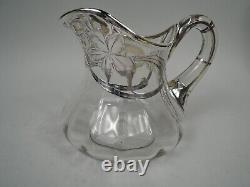 Antique Water Pitcher Edwardian Art Nouveau American Clear Glass Silver Overlay