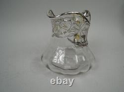 Antique Water Pitcher Edwardian Art Nouveau American Clear Glass Silver Overlay