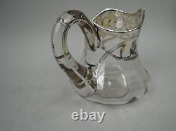 Antique Water Pitcher Edwardian Art Nouveau American Clear Glass Silver Overlay