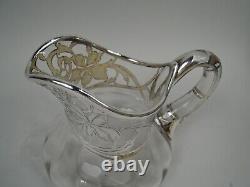 Antique Water Pitcher Edwardian Art Nouveau American Clear Glass Silver Overlay