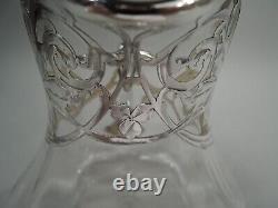 Antique Water Pitcher Edwardian Art Nouveau American Clear Glass Silver Overlay