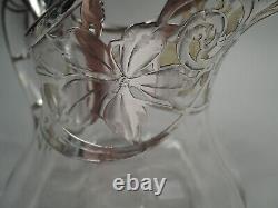 Antique Water Pitcher Edwardian Art Nouveau American Clear Glass Silver Overlay