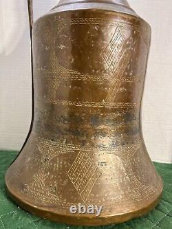 Antique XL 21.5 Primitive Persian Copper Wine Water Ewer Jug Pitcher Etched