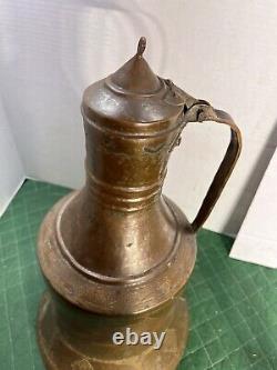 Antique XL 21.5 Primitive Persian Copper Wine Water Ewer Jug Pitcher Etched