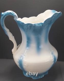 Antique blue and white water pitcher bathing jug Victorian ornate 12 inches tall